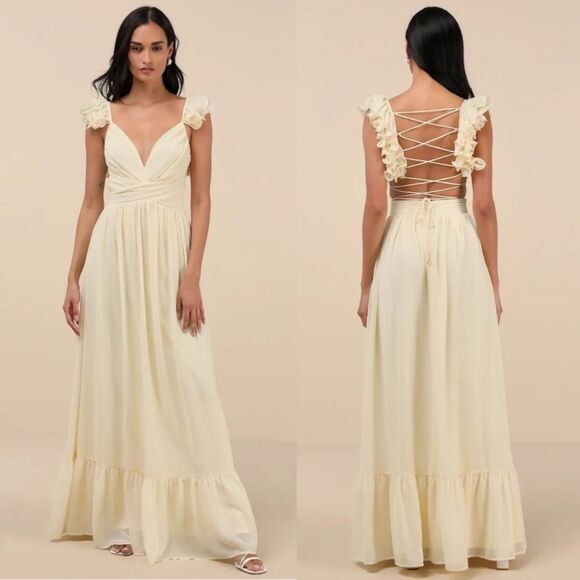 Lulus Dresses & Skirts - Lulus Soiree Celebration Light Yellow Ruffled Lace-Up Maxi Dress Size XL NWT